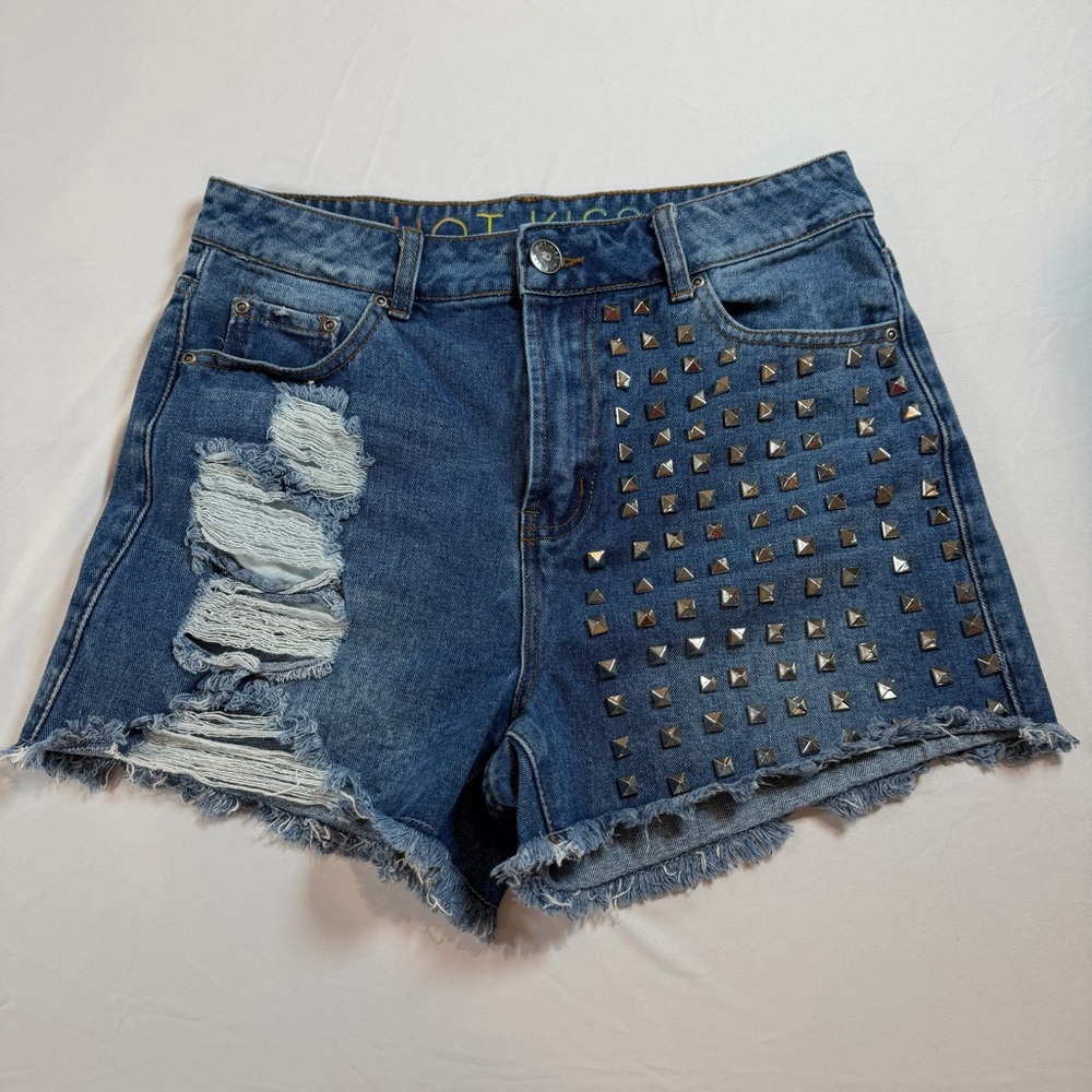 Hot Kiss Distressed‎ Studded Denim Shorts - Blue Junior size: 9